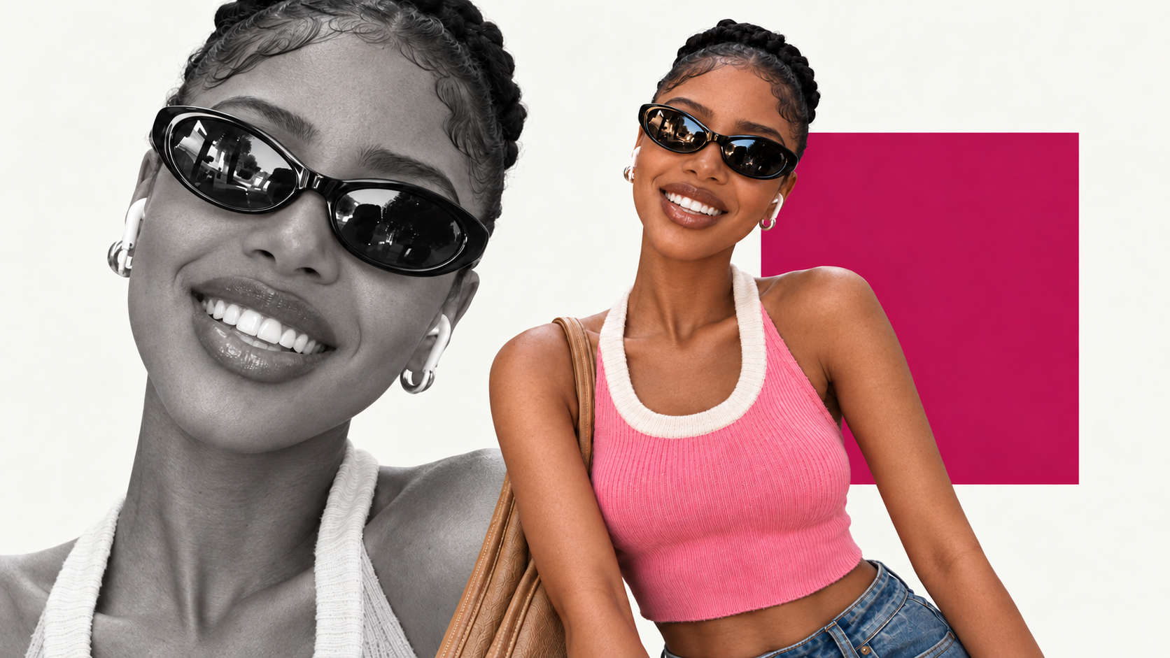 Editorial LookSky collage featuring Nia in color and black and white with a magenta accent