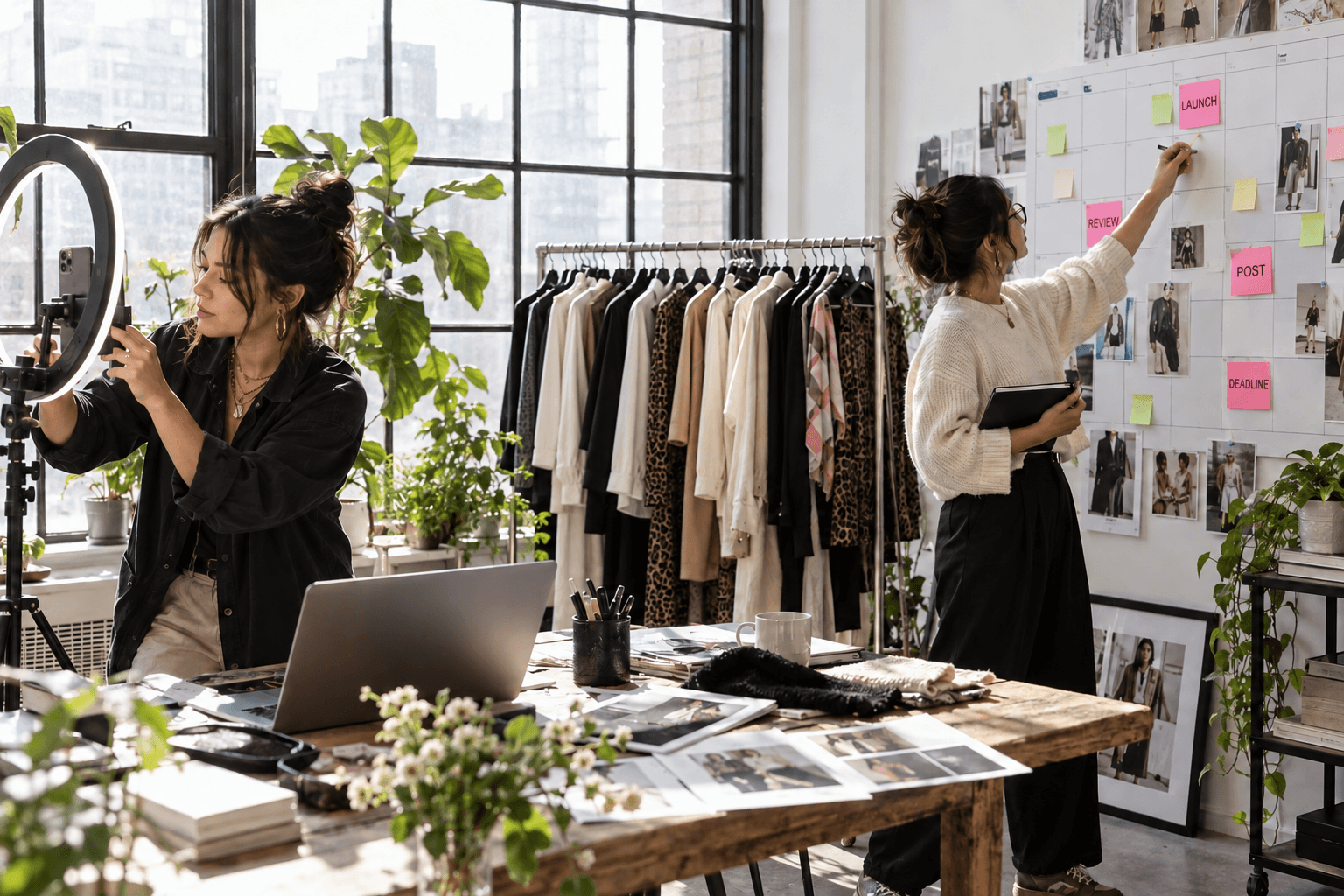 Two members of an imaginary fashion influencer team coordinating filming and campaign deadlines in a daylight studio