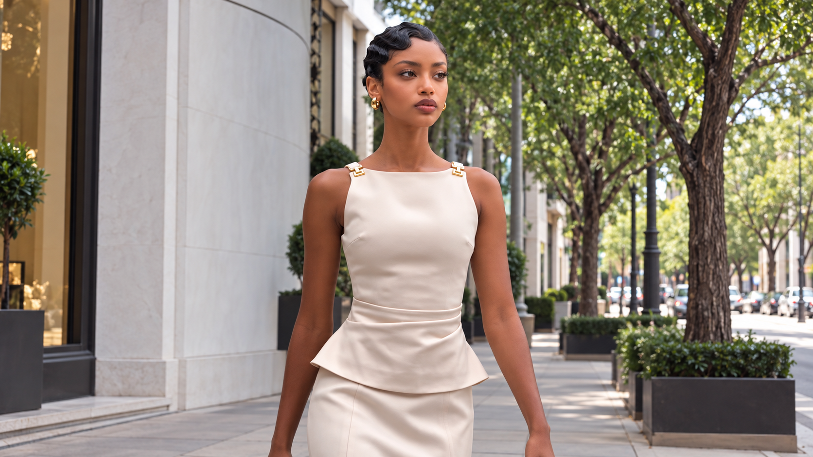 LookSky virtual influencer Nia walking on a tree-lined city street