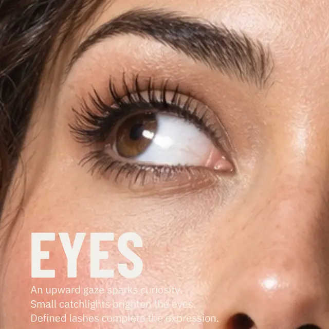 Close-up showing the AI persona's eye, lashes and catchlight.