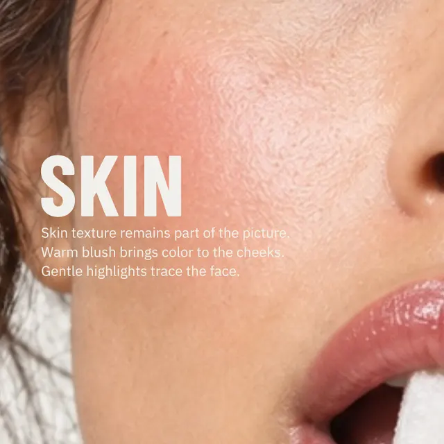 Close-up showing the AI persona's skin texture, blush and highlights.