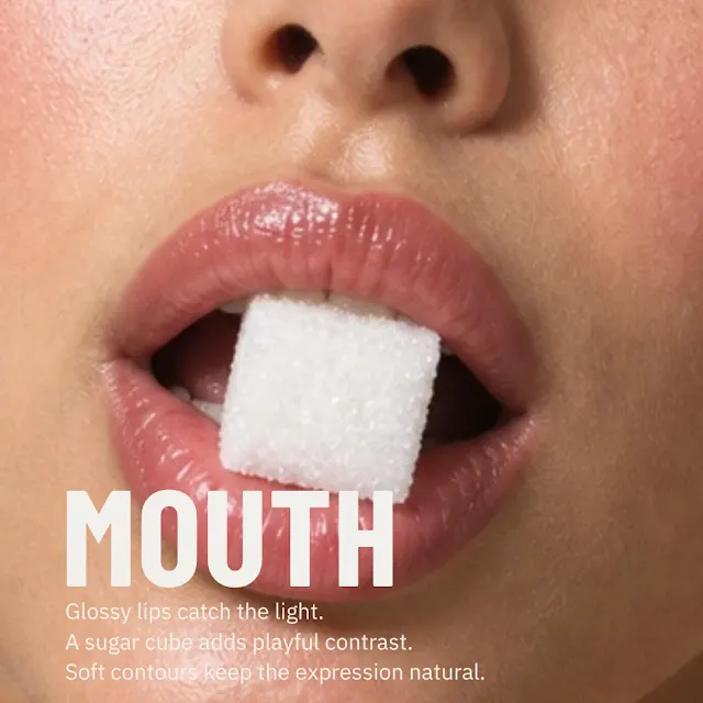 Close-up showing the AI persona's lips and a playful sugar-cube composition.