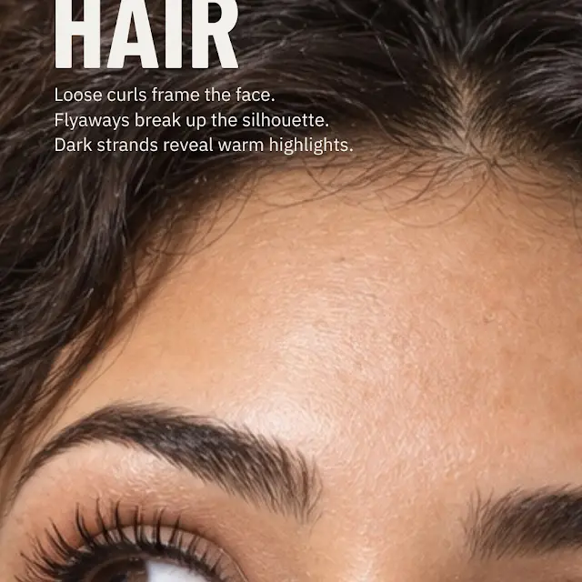 Close-up showing the AI persona's hairline, flyaways and natural skin texture.