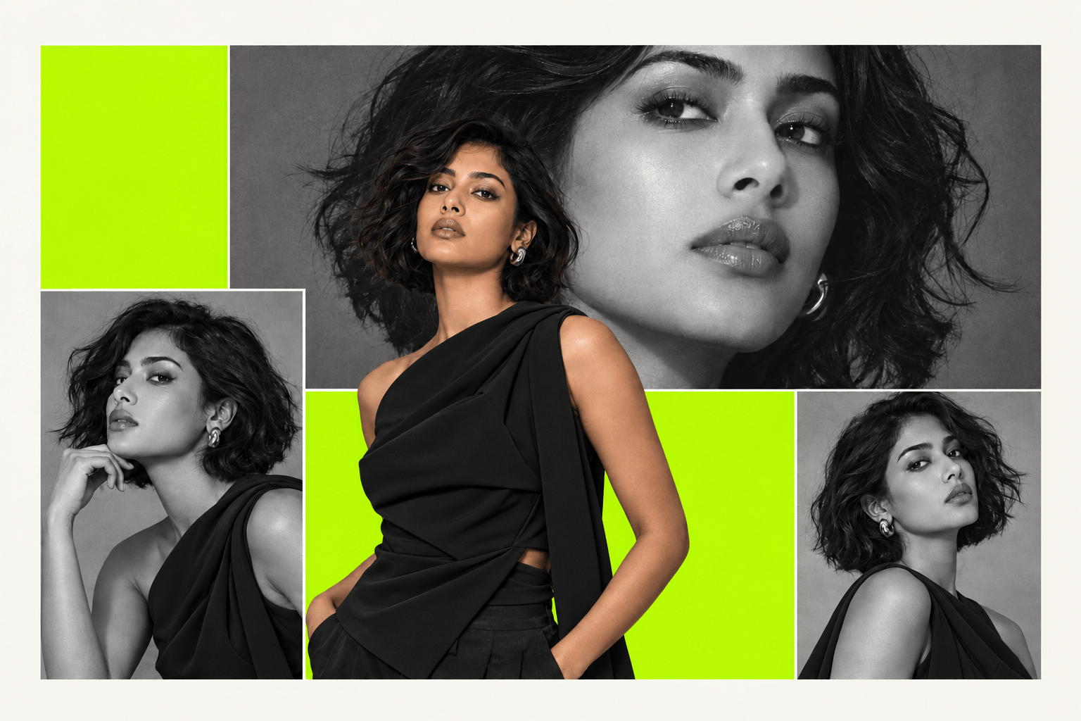 Editorial collage of a fictional South Asian fashion model in black, with acid-lime graphic panels