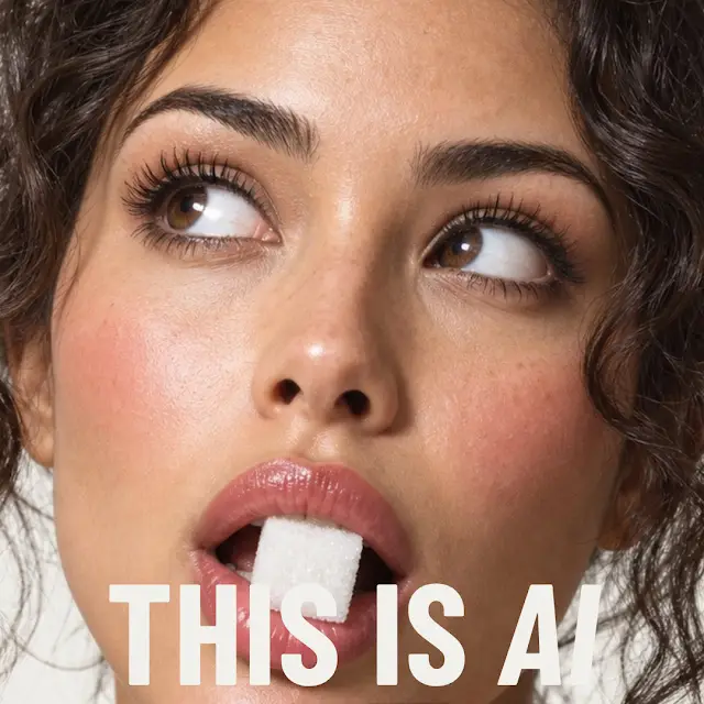 Close-up of a fictional AI fashion persona with natural skin texture and dark hair, captioned This is AI.