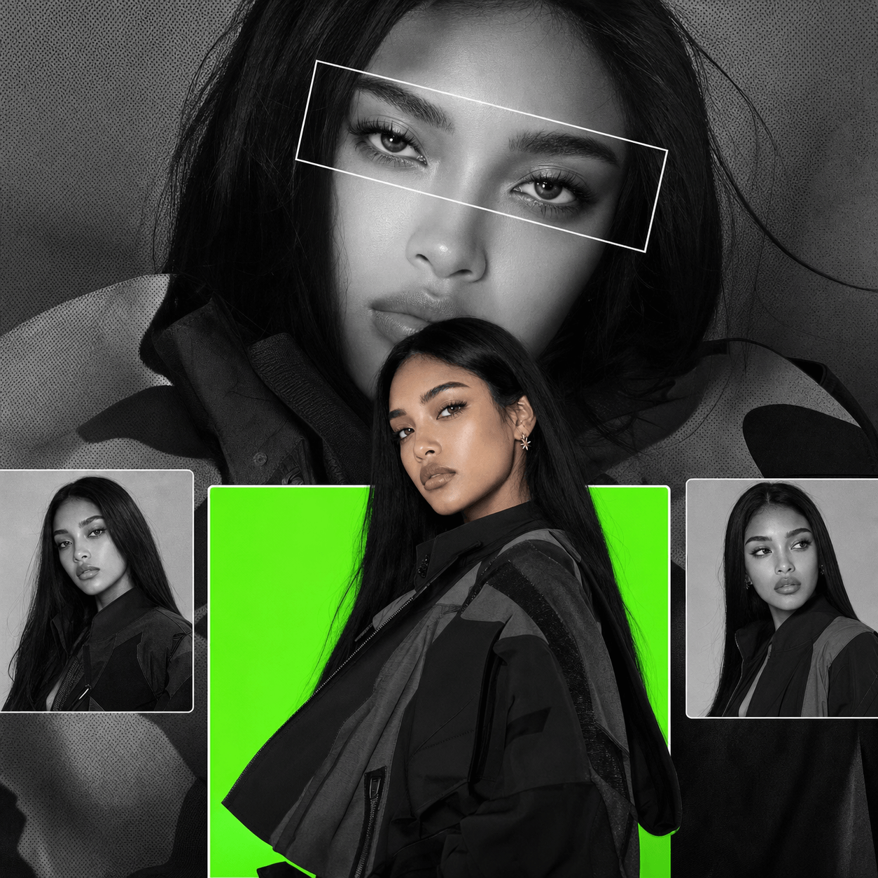 AI fashion influencer collage with monochrome portraits and lime-green panels