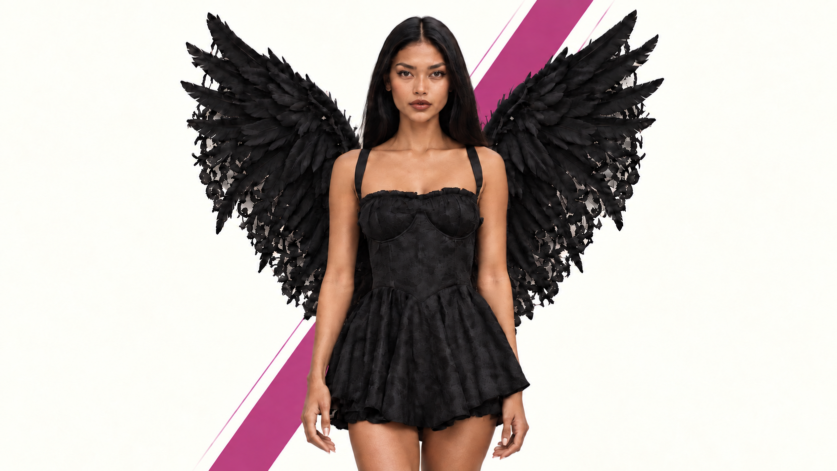 Centered virtual influencer in a black Halloween fashion look against a narrow angled LookSky magenta band and faded line